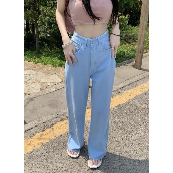 Quần Jeans suông xanh cắt gấu