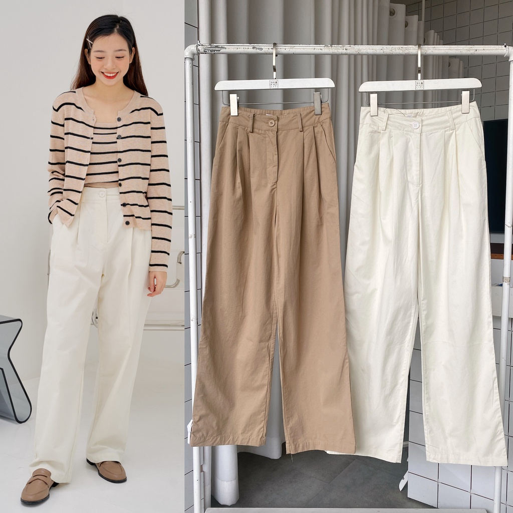 Quần kaki ống suông basic xếp ly 1 nút - Q772