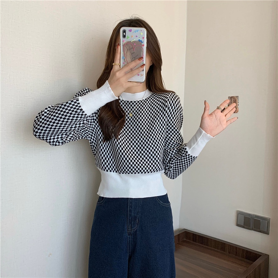 Porozi  Áo dệt kim  cổ tròn họa tiết sọc caro phong cách Hàn Quốc thời trang cho nữ