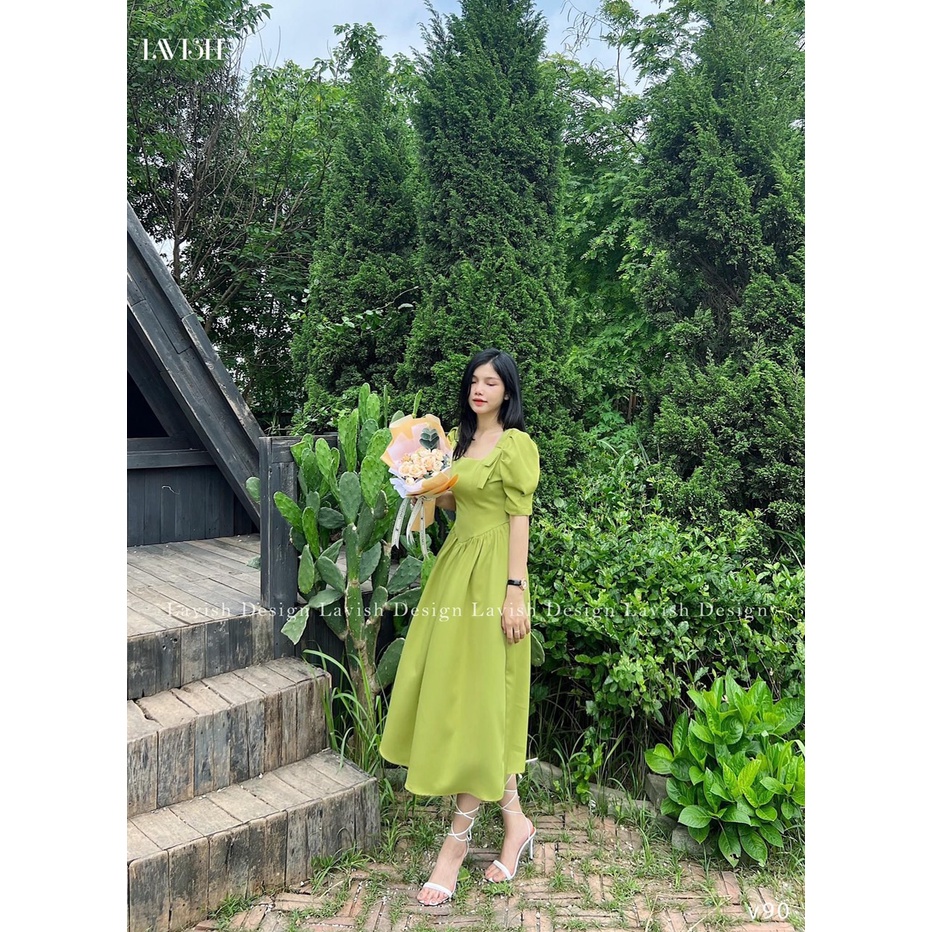 ĐẦM MIDI 2 DÂY CỘT VAI DÚM TAY XẾP