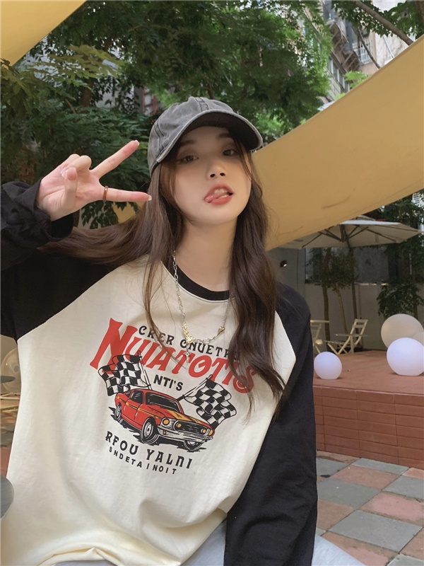 Áo Thun Raglan Cổ Tròn Dài Tay Dáng Rộng In Màu Sắc Tương Phản Phong Cách Retro Mùa Thu 55774