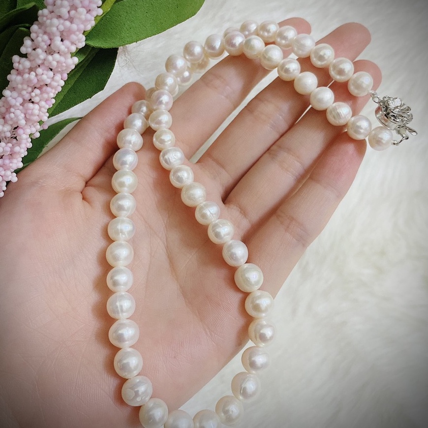 Bộ trang sức trai thật tự nhiên trắng 8li nuôi nước ngọt gồm vòng cổ, vòng tay, bông tai