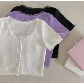 [vz23]  Áo kiểu croptop nút phối ren