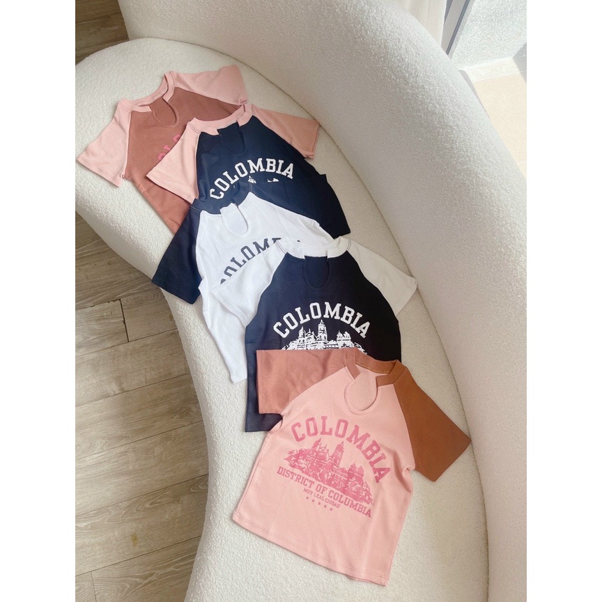 Áo croptop tay ngắn cổ khoét u in chữ Colombia cách điệu siêu hot
