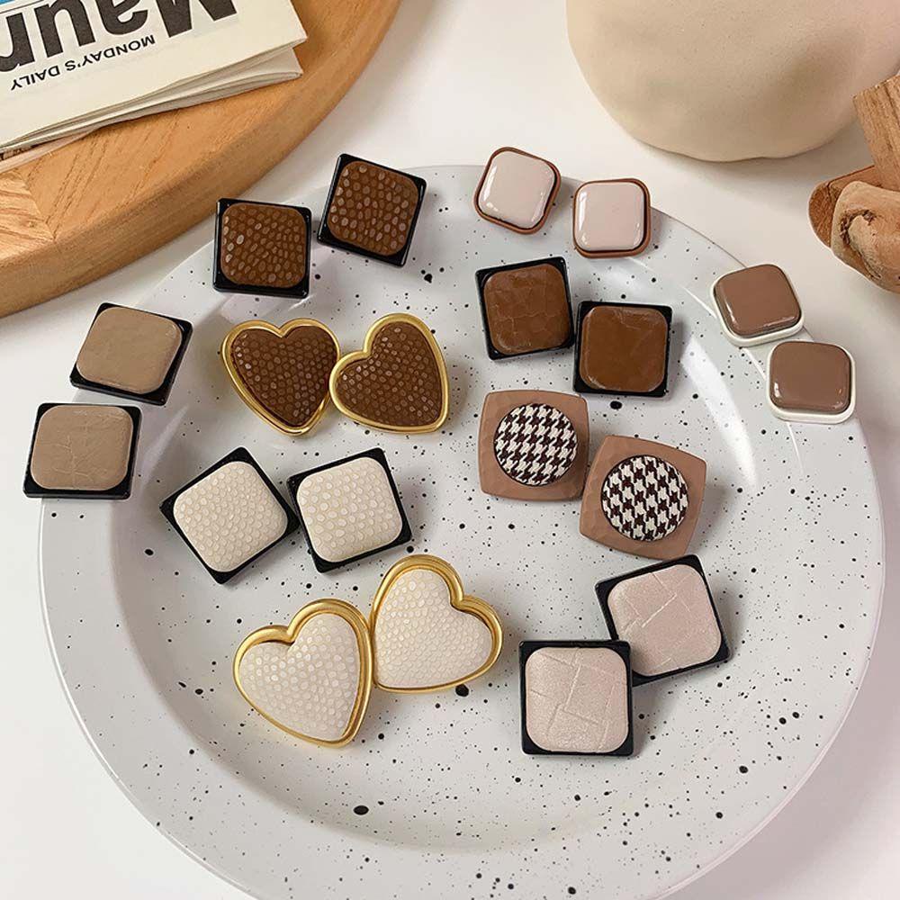 Bông Tai VANES1 Nâu Cà Phê Đen Nâu 925|Bông Tai Hình Học / Vuông / Tròn Họa Tiết Trái Tim Xinh Xắn Thời Trang Cho Nữ