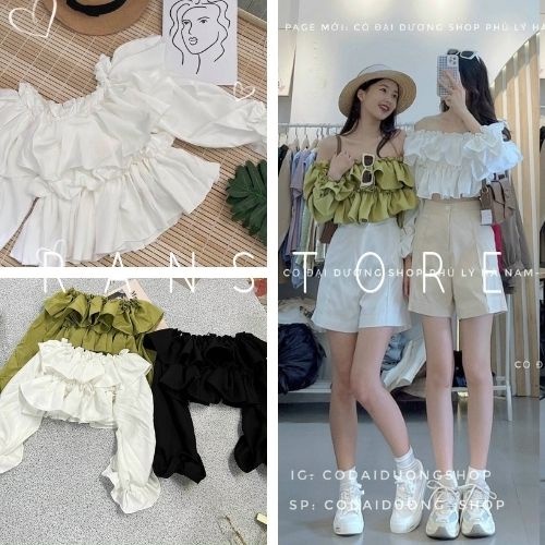 Áo trễ vai tay phồng bánh bèo 2 tầng dáng xòe xinh xắn/ Áo crt nữ phom rộng bigsize 3 màu trẻ trung cá tính_ranstore