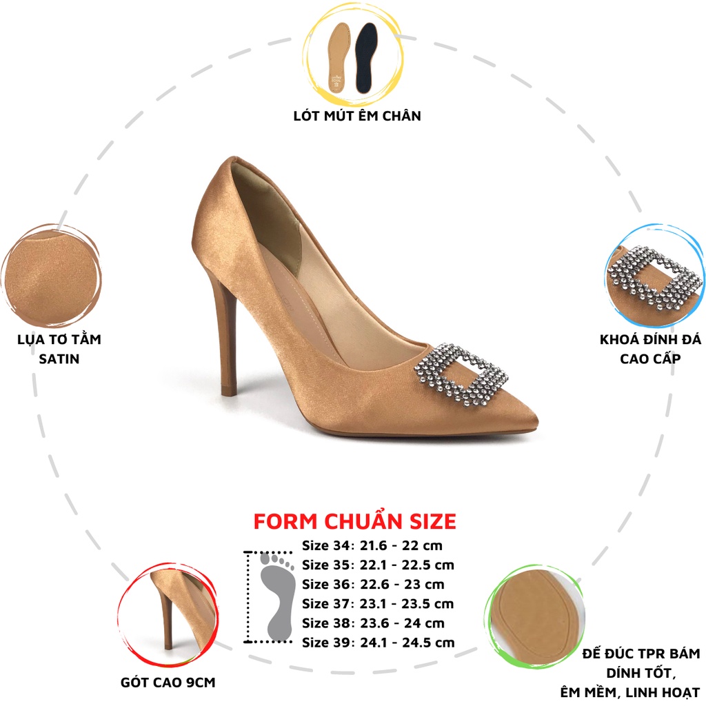Giày cao gót 9p bít mũi HADU G933 khóa đính đá, chất liệu lụa satin, gót cao từ 7 10cm