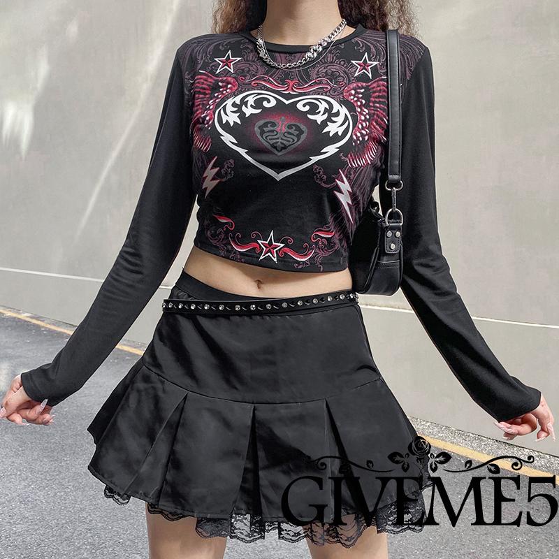 Áo thun tay dài cổ tròn in hình trái tim đôi cánh sáng tạo cho nữ