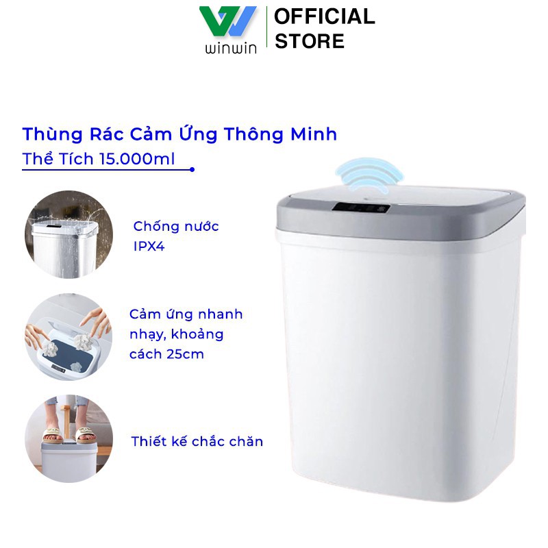 Thùng Rác Cảm Ứng Thông Minh Có Nắp Đóng Mở Tự Động - Thùng Rác Thông Minh CAO CẤP Thể Tích 15L - Nhựa PP Độ Bền Cao