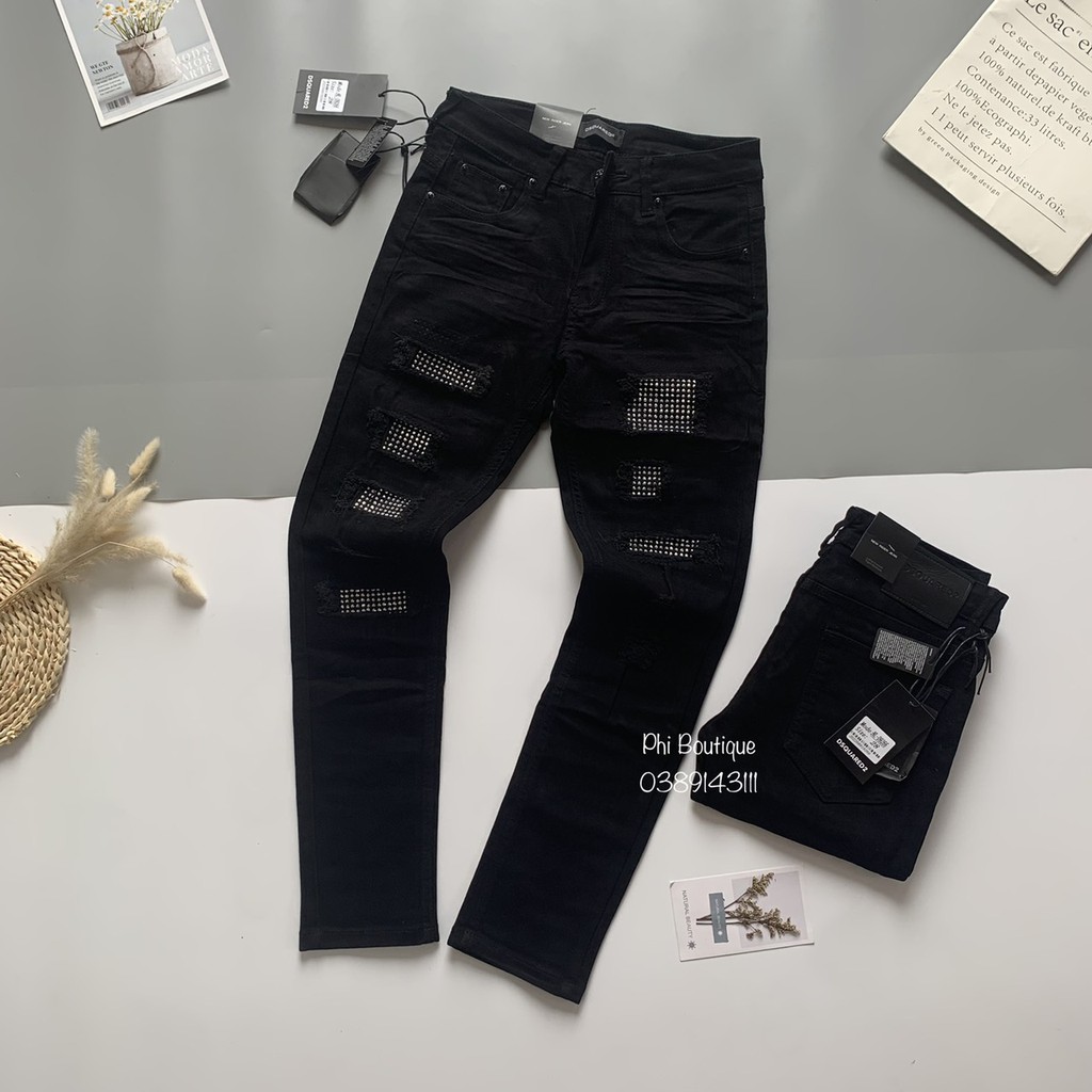 Quần Bò Đen Nam DSQ2 Đính Đá Rách Rẻ Đẹp QJ129P