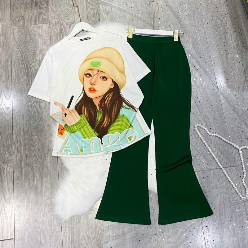 Set áo thun form rộng tay lửng quần ống loe form dày mịn siêu co giãn thoải mái