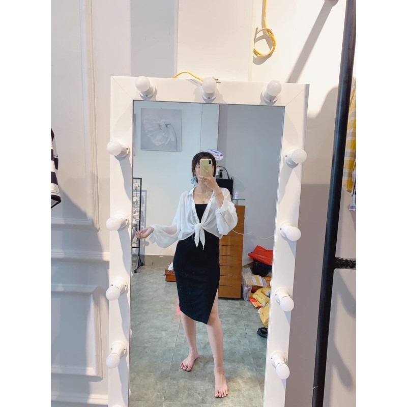 Set Váy hai dây xẻ đùi mix Áo sơ mi buộc vạt⚡ảnh thật | BigBuy360 - bigbuy360.vn