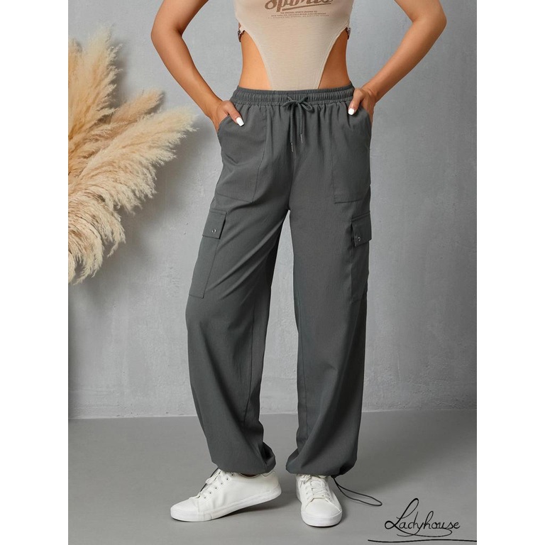 Quần Dài Dáng Suông Lưng Thấp Có Túi Bên Hông Màu Trơn Thời Trang Cho Nữ