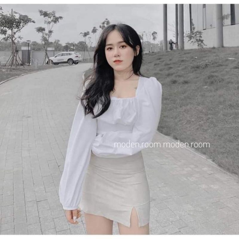 Áo kiểu cổ vuông tay bồng cột nơ vải voan xốp có mút ngực