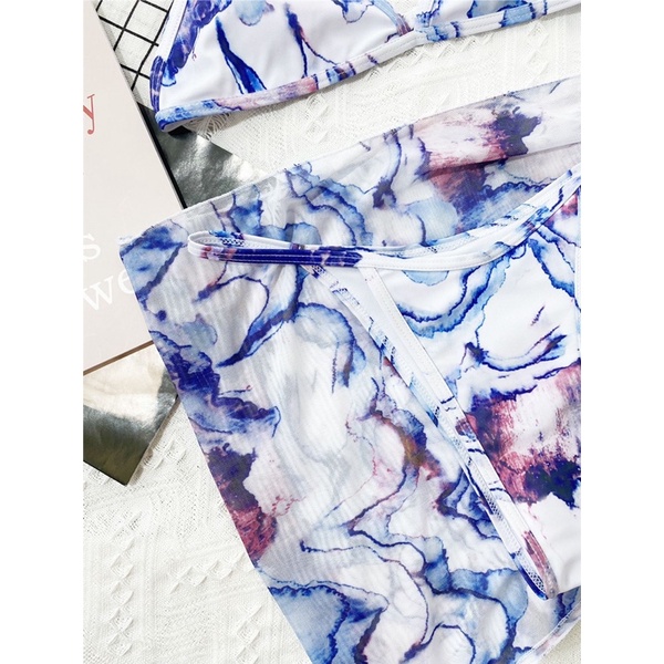 [BKN1169] &lt;ÂU&gt; SET BIKINI 3 MÓN XANH LOANG TRẮNG KÈM KHĂN HÔNG