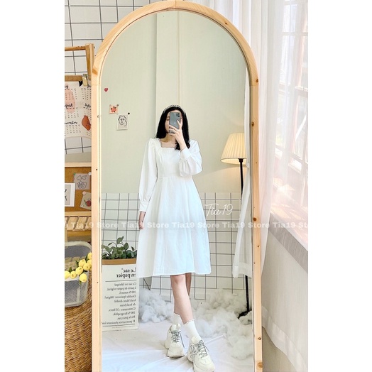 Váy trắng cổ vuông ren dài tay. Đầm trắng tiểu thư dài tay SP000007 ( Ảnh thật) | BigBuy360 - bigbuy360.vn