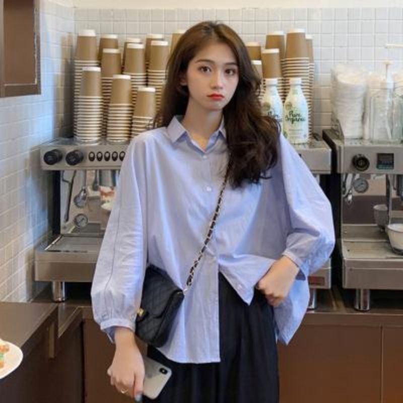 Mona's Fashion Áo Sơ Mi Màu Trơn Tay Lửng Dáng Rộng Phong Cách Hàn Quốc