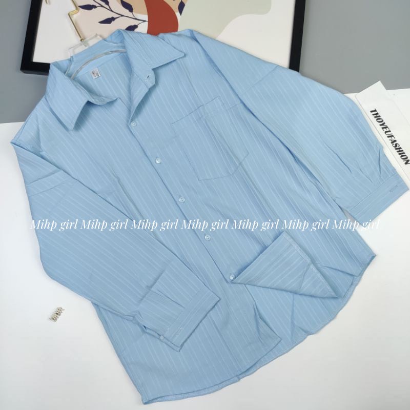 Áo sơ mi oversize vải xốp gân màu pastel thời trang