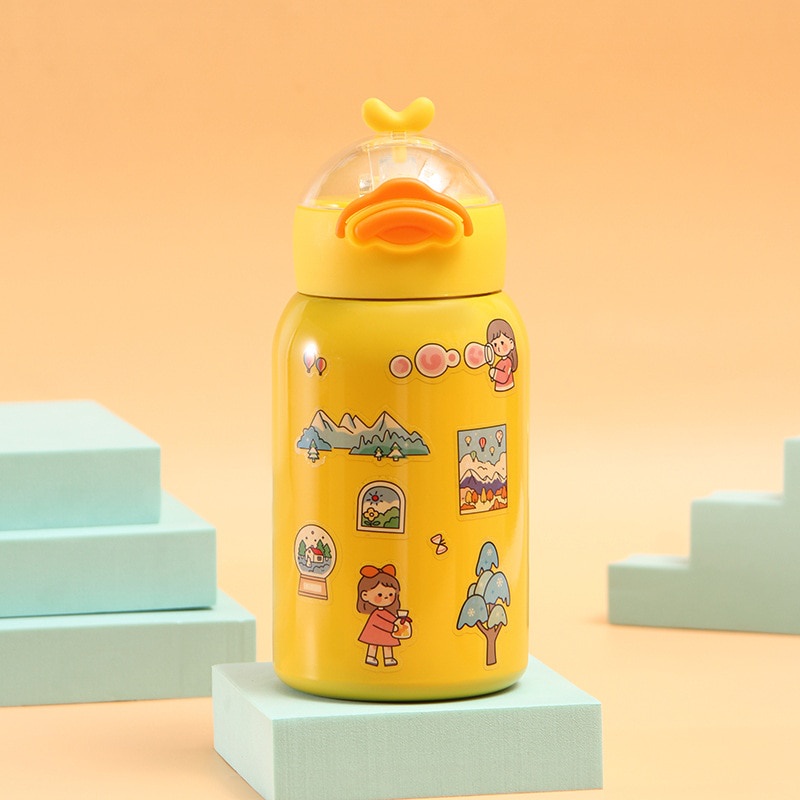 Bình nước giữ nhiệt  400ml điểm nhấn trang trí vịt cute tặng kèm ống hút  (BV04)