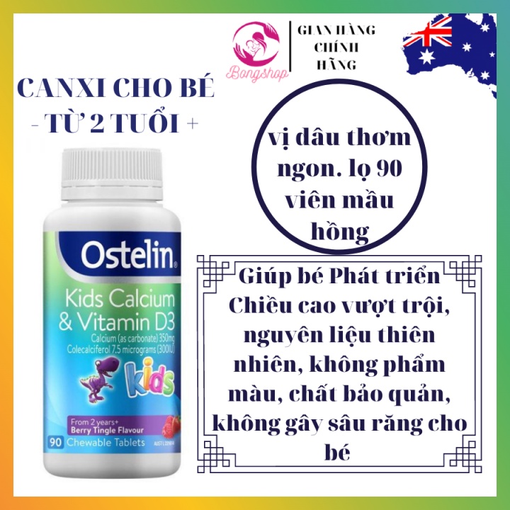 [Cam kế chuẩn Úc] Canxi và Vitamin D3 cho bé, Canxi Khủng long Calcium &amp; D3 Ostelin Kids 90 viên nhai cho bé từ 2 tuổi