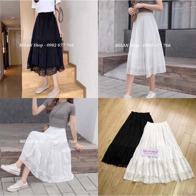 Chân váy xoè midi phối ren các kiểu chất lụa mát lịm