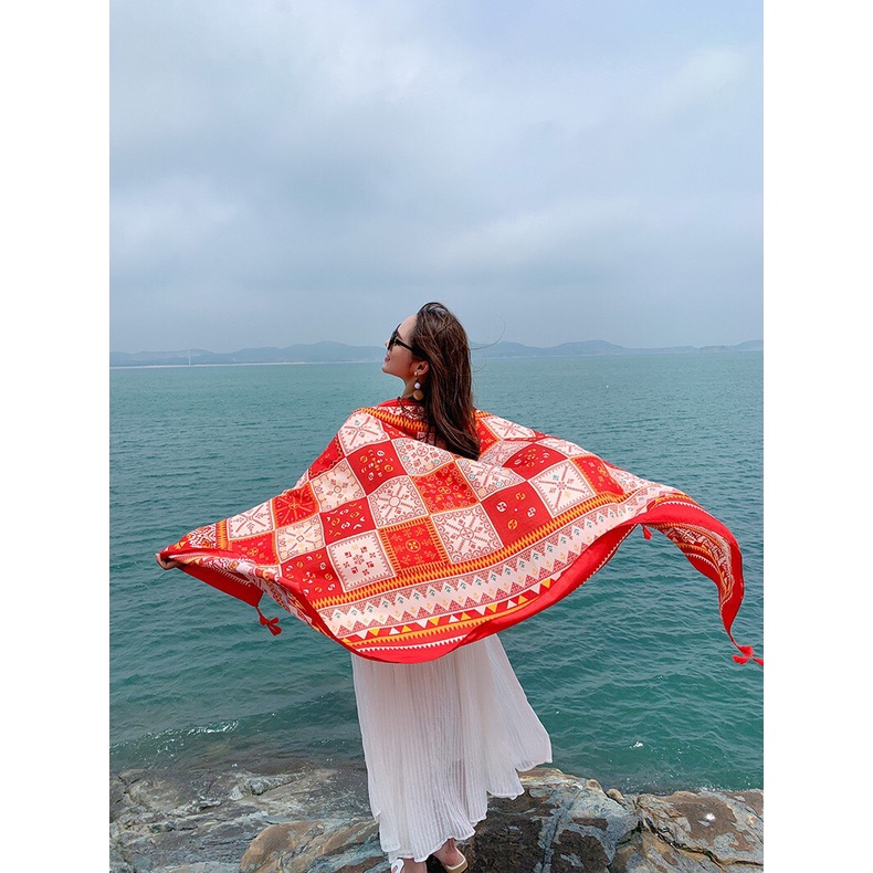 Khăn choàng boho đi biển họa tiết thổ cẩm ô vuông xinh xắn đa năng che nắng chụp hình 180x90cm - Mã VS009