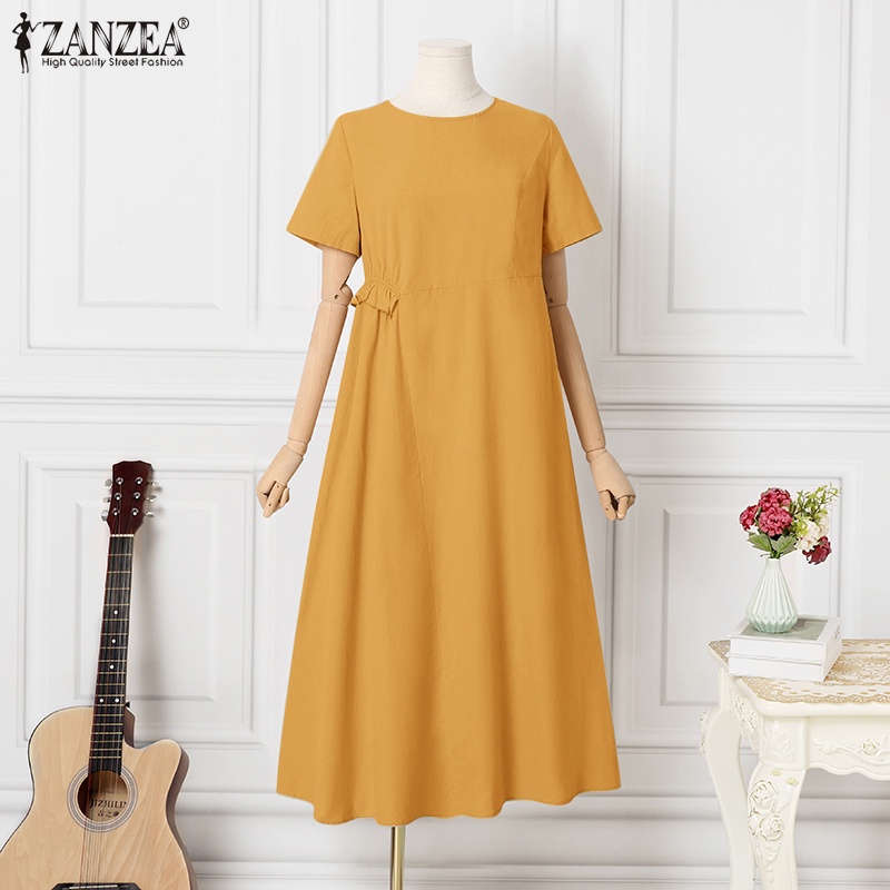 Zanzea Đầm Tay Ngắn Cổ Tròn Màu Trơn Thời Trang Dành Cho Nữ