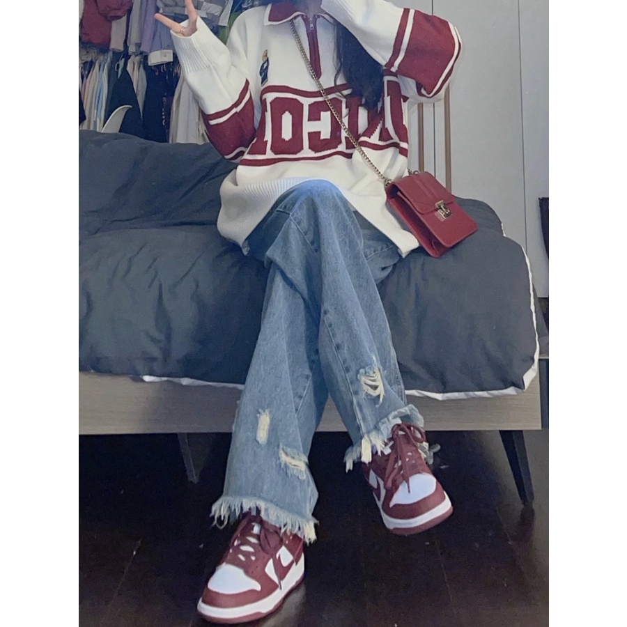 Quần Jean Lưng Cao Ống Suông Rộng Phối Rách Size Xs-2XL Phong Cách retro Mỹ Cho Nữ