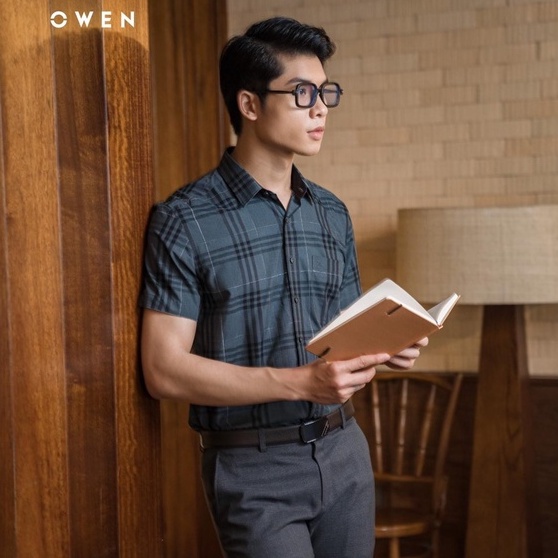 OWEN - Áo Sơ mi ngắn tay Owen vạt ngang chất bạc hà kẻ ca rô rêu xám 220412