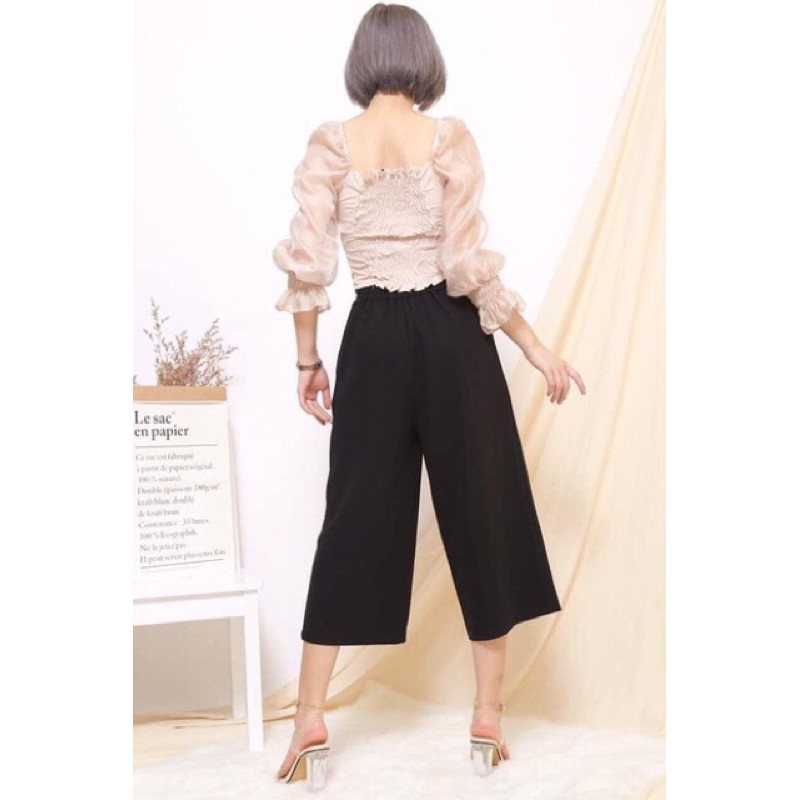 Quần ống rộng vải đũi khoá thật chun sau