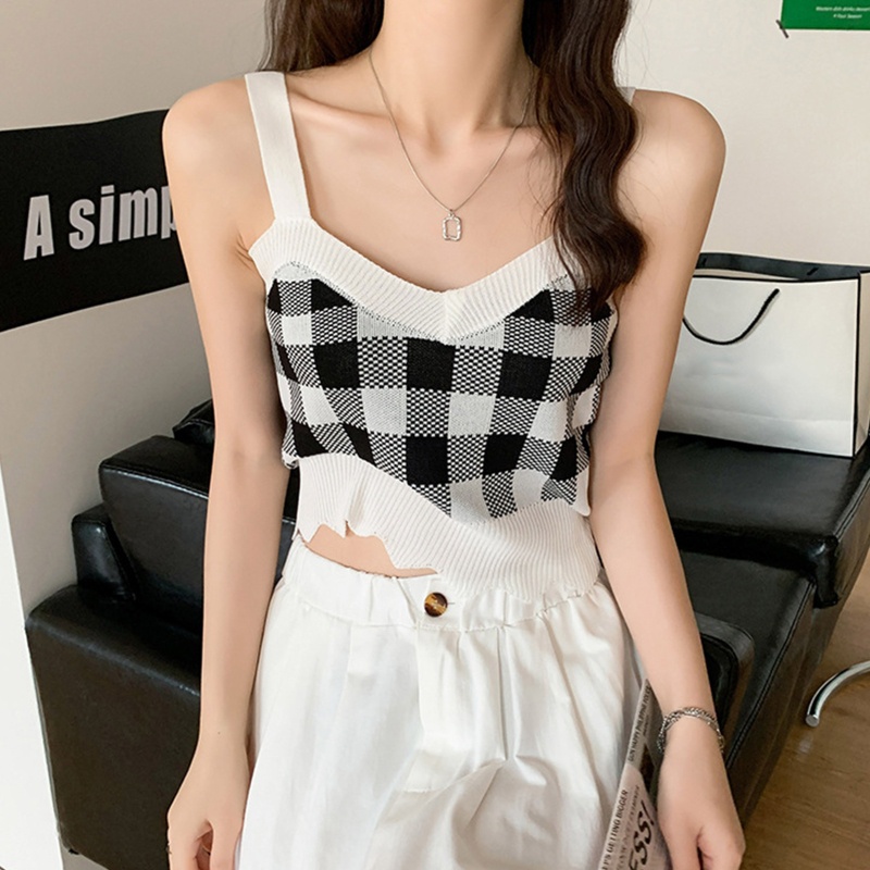 Áo Croptop Dệt Kim Sát Nách Hở Lưng Cổ Chữ V Họa Tiết Sọc Caro Màu Sắc Tương Phản Quyến Rũ Cho Nữ