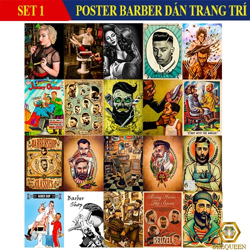 Combo 20 Sticker - Poster Decal Dán Tường Trang Trí Barber Shop - Tiệm Tóc Siêu Dính