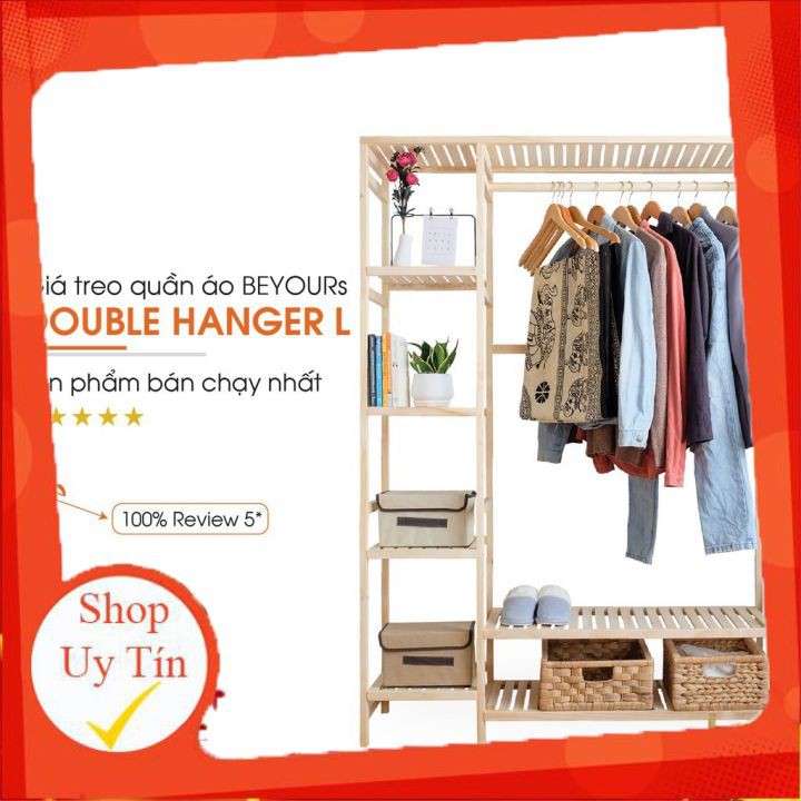 TỦ , GIÁ TREO QUẦN ÁO 2 GIAN DOUBLE HANGER - SIZE M - GỖ THÔNG TỰ NHIÊN ( MÀU VÂN GỖ, TRẮNG, ĐEN )..