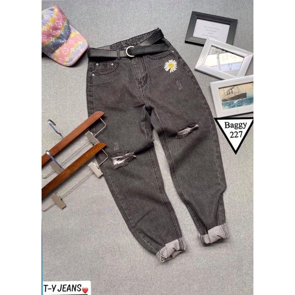 💯💯Baggy xám rách gối thêu cúc