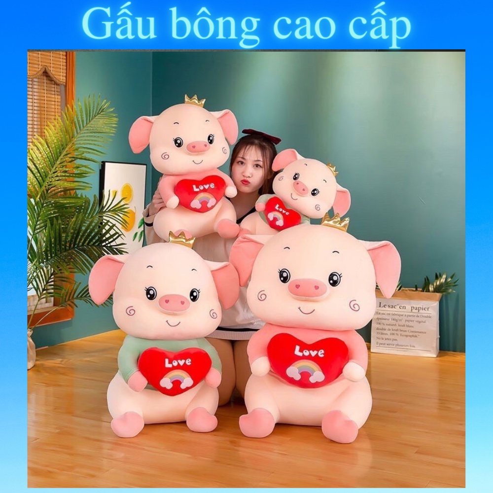 Gấu bông Heo ôm tim , gối ôm hình thú nhồi bông Heo vương miện ôm Tim dễ thương, mềm mịn co giãn 4 chiều