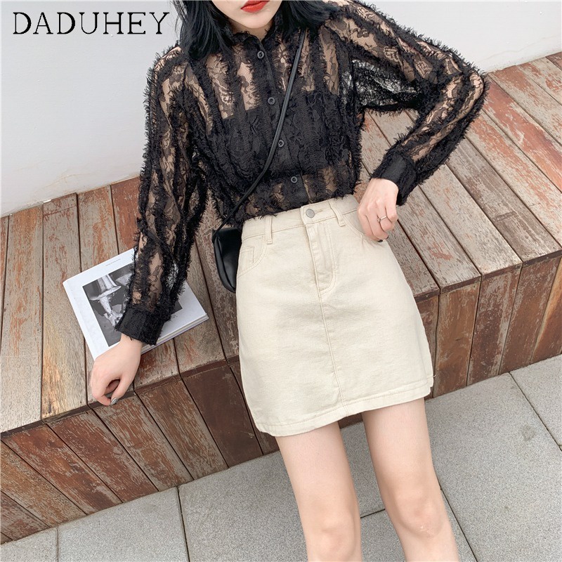 Daduhey Chân váy denim cạp cao plus size thời trang mùa hè 2022 phong cách Hàn Quốc dành cho nữ