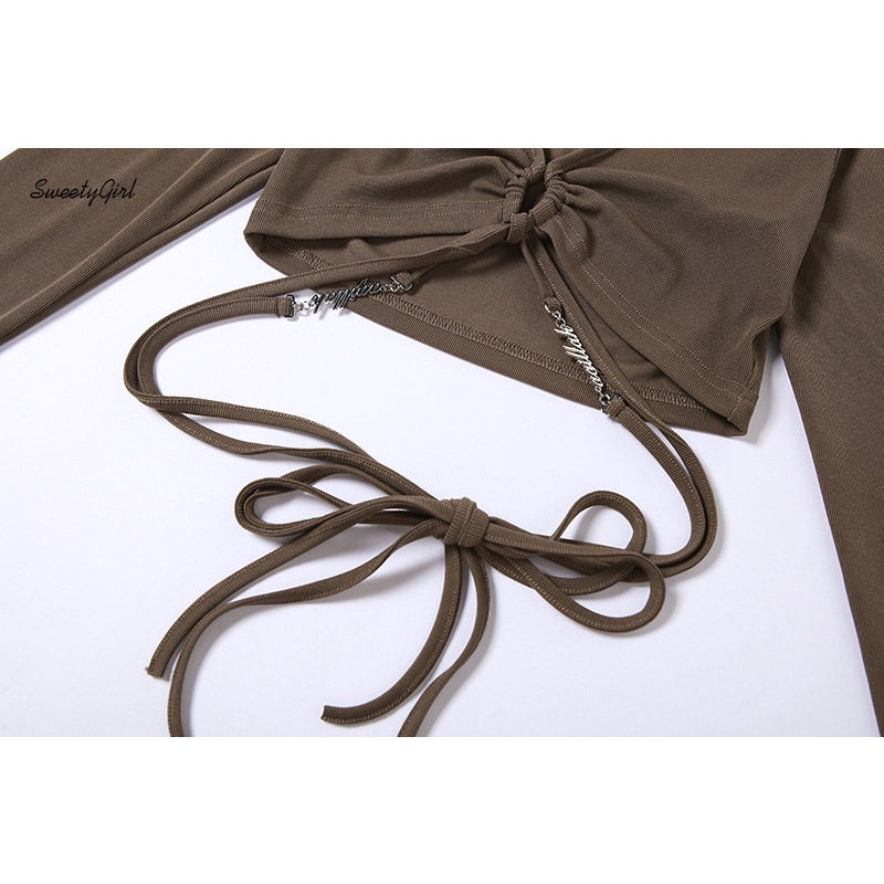 Áo Thun Tay Dài Cổ Chữ V Khoét Sâu Eo Thấp Màu Trơn Thời Trang 2022 Quyến Rũ Dành Cho Nữ