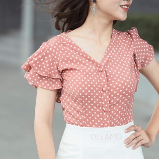 Áo sơ mi tay tiên hồng chấm bi