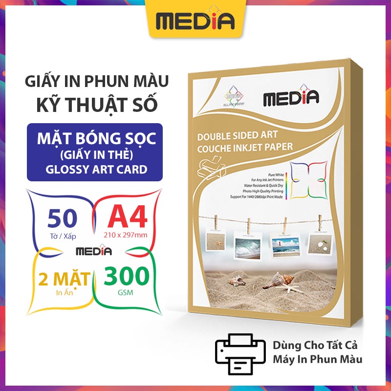 Giấy In Phun Màu Media Khổ A4 Bề Mặt Bóng Sọc Card (Glossy Art) Giấy 2 Mặt In Định Lượng 300gsm 50 tờ