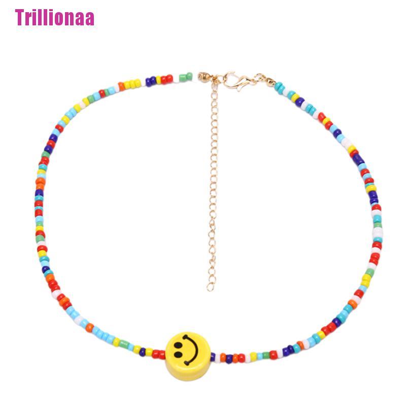 [Trillionaa] Vòng Cổ Choker Chuỗi Hạt Nhiều Màu Sắc Mặt Cười Phong Cách Bohemia