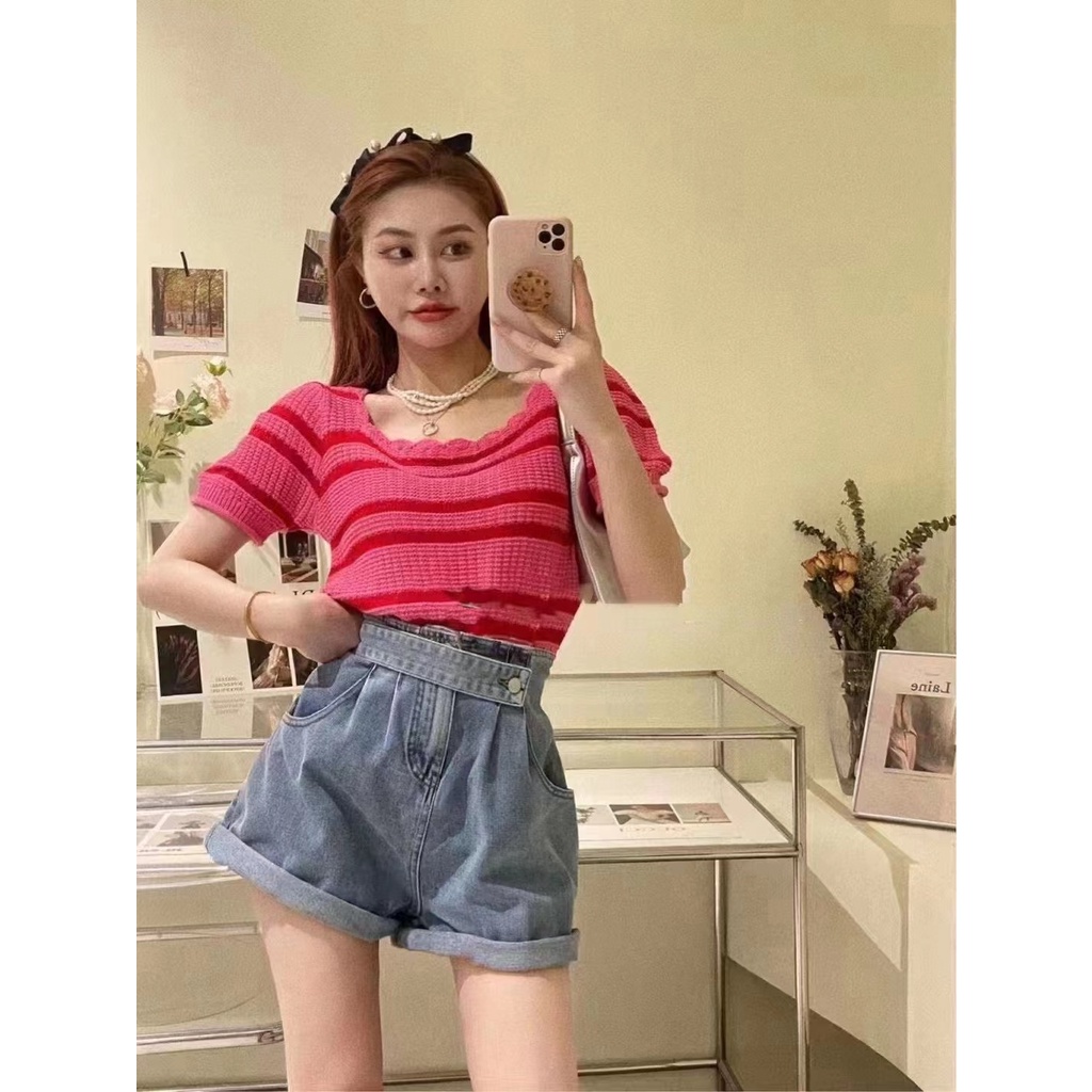 Áo thun ZHELIHANGFEI tay ngắn cổ vuông họa tiết kẻ sọc ngang dáng ôm dễ phối đồ