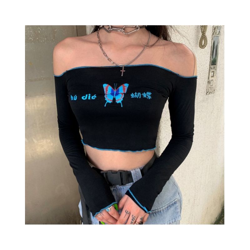 Áo croptop tay dài trễ vai bướm HAC41 - Hỉn Hỉn Store