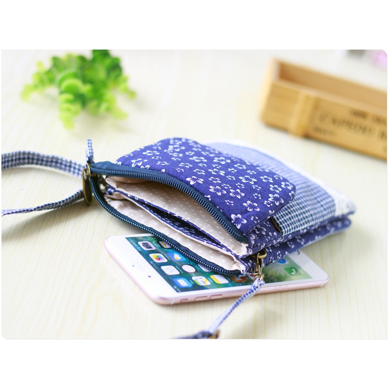 Túi Đựng Điện Thoại Bằng Vải Màu Xanh Dương Trắng Có Khóa Kéo Hai Bên Hông Và Túi Đựng Điện Thoại Di Động