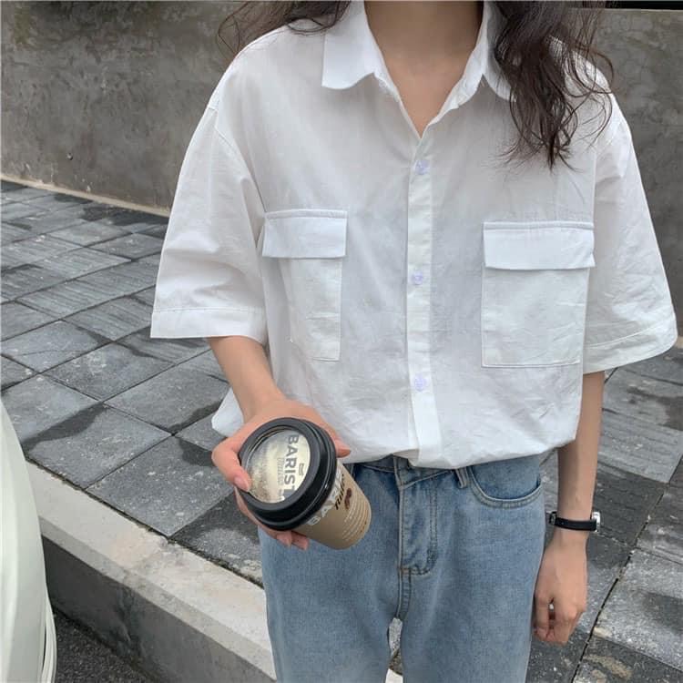 Áo sơ mi ngắn tay from rộng dáng dài UNISEX túi hộp phong cách ulzzang về nhiều màu. MET SHOP