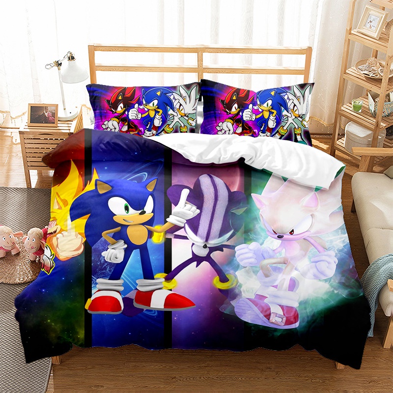 Bộ Chăn Ga Và Vỏ Gối Họa Tiết Hoạt Hình sonic 3D