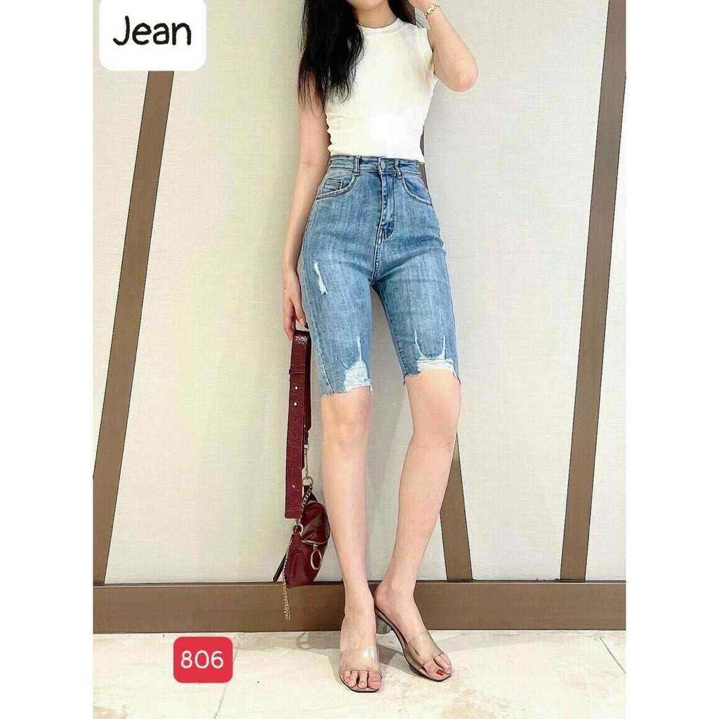 Quần jean ngố lưng cao có độ co dãn chất vải jean dày dặn kiểu rách 2 bên trước lai