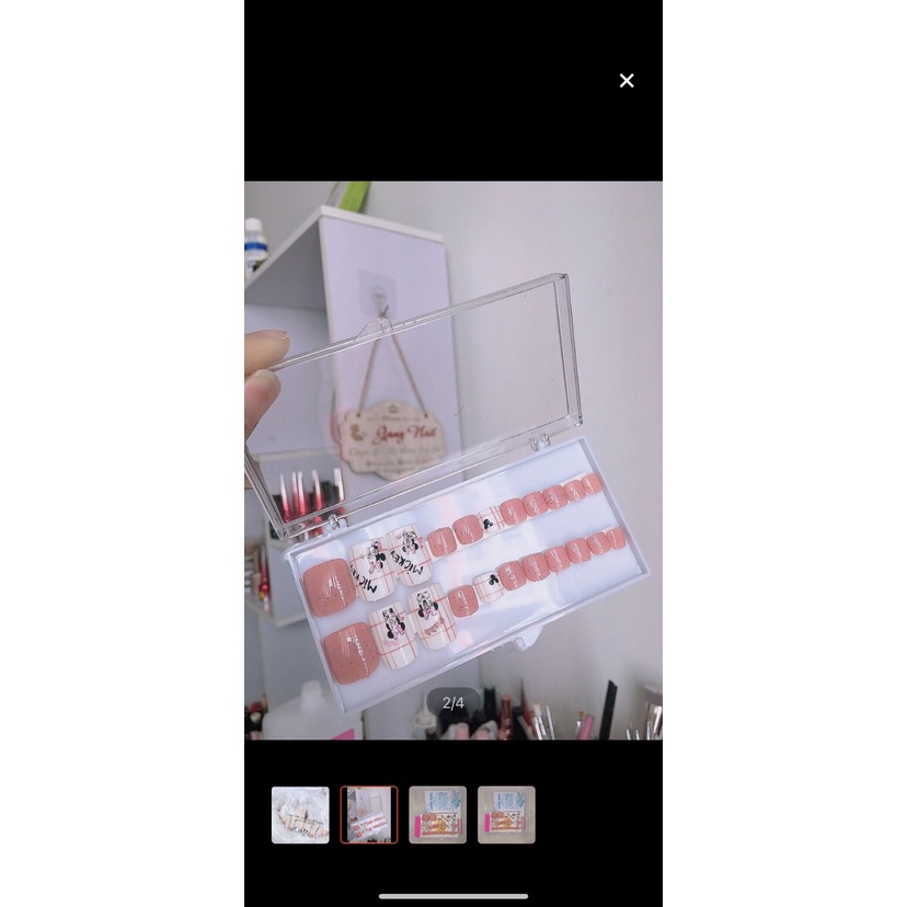 A43 Bộ 24 móng chân giả màu hồng dán chuột mickey kèm keo dũa