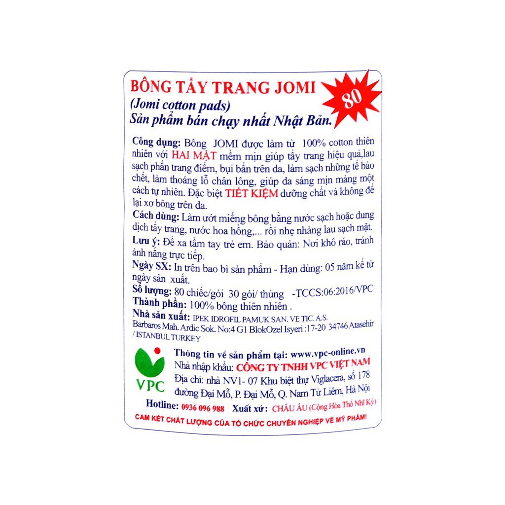 Jomi Bông Tẩy Trang Cotton Pad 100% cotton tự nhiên siêu thấm, siêu mịn, không gây xơ 80 Miếng