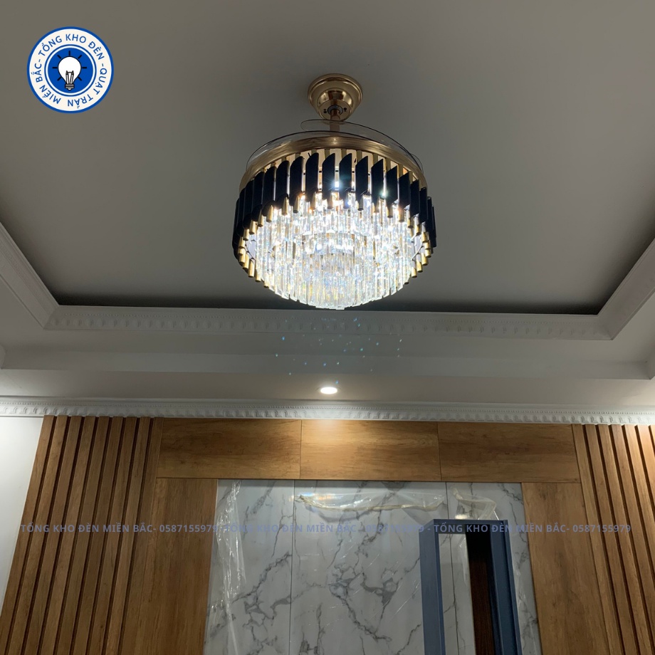 Quạt Trần, Quạt Trần Đèn Pha Lê Vàng Đen Trang Trí Phòng Khách Sang Trọng_BẢO HÀNH 10 NĂM