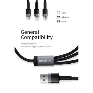 Cáp Sạc Nhanh 3 Đầu 3in1 SIKENAI VO-05 Chính Hãng Dùng Cho iPhone, Samsung, Oppo Bảo hành 1 đổi 1 trong 12 tháng